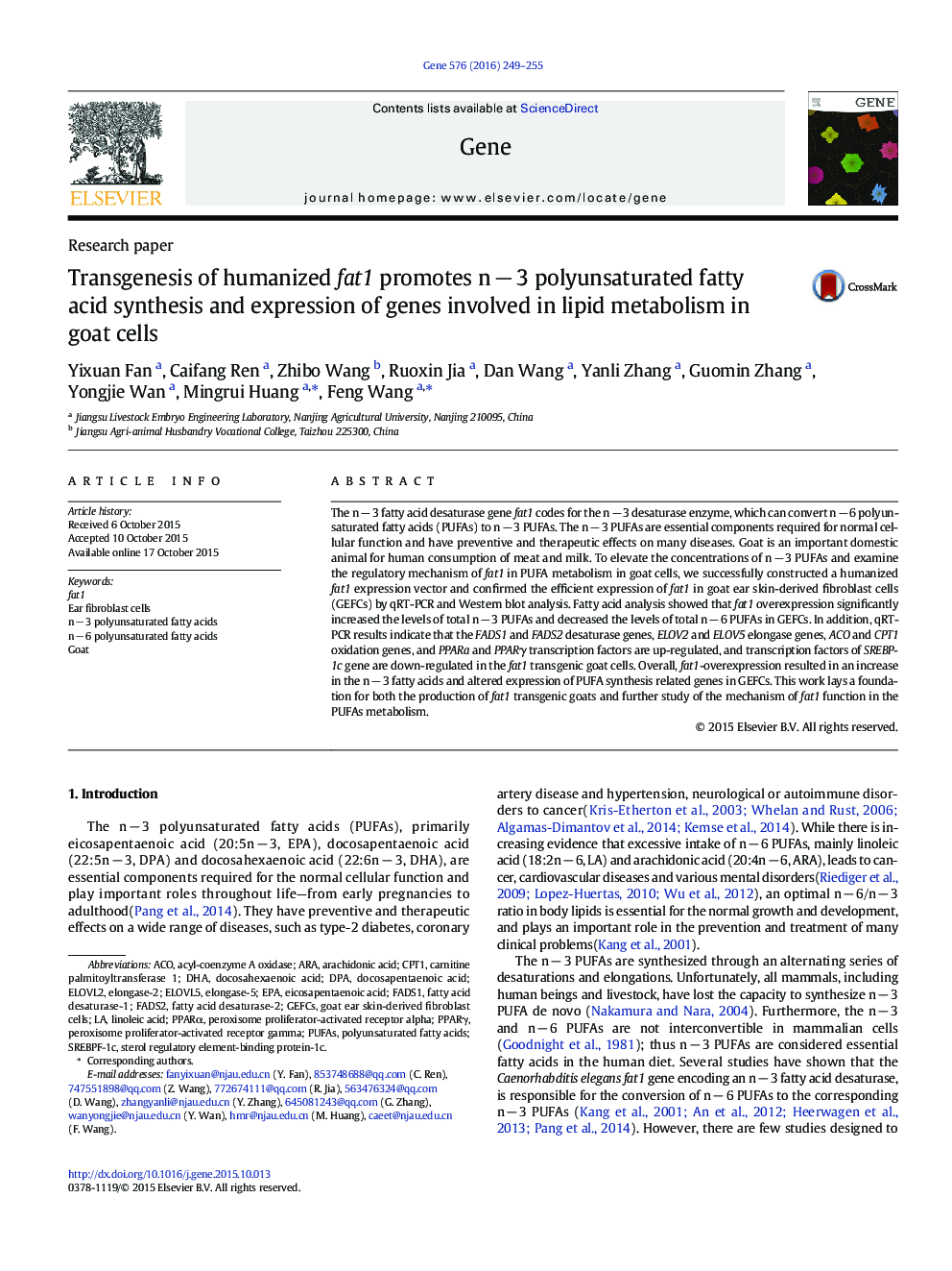 Transgenesis of humanized fat1 promotes n − 3 polyunsaturated fatty acid synthesis and expression of genes involved in lipid metabolism in goat cells