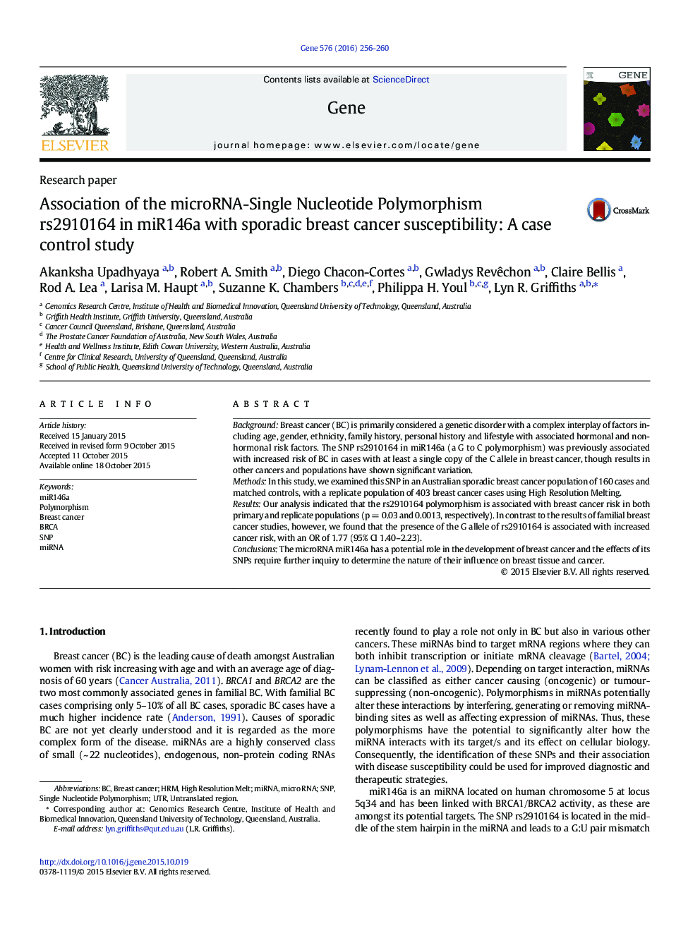 Association of the microRNA-Single Nucleotide Polymorphism rs2910164 in miR146a with sporadic breast cancer susceptibility: A case control study