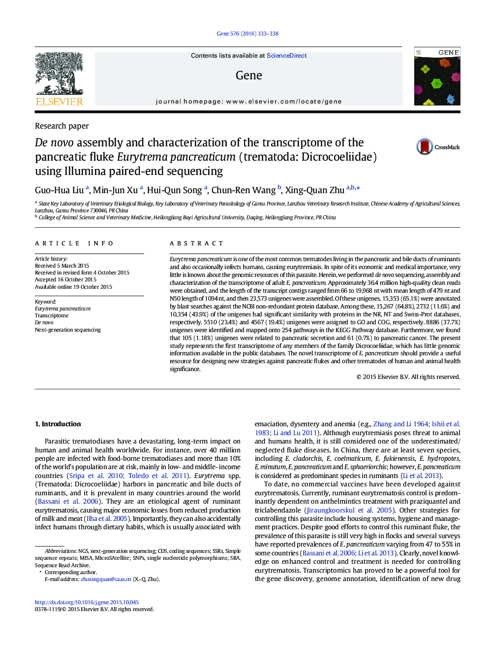 De novo assembly and characterization of the transcriptome of the pancreatic fluke Eurytrema pancreaticum (trematoda: Dicrocoeliidae) using Illumina paired-end sequencing