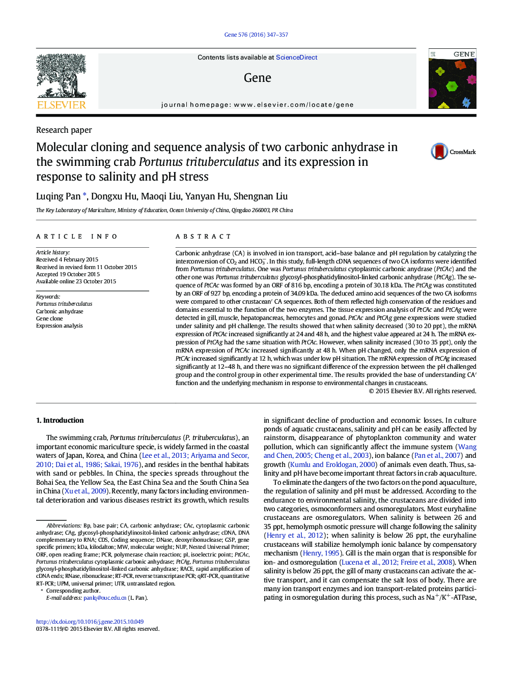 Molecular cloning and sequence analysis of two carbonic anhydrase in the swimming crab Portunus trituberculatus and its expression in response to salinity and pH stress