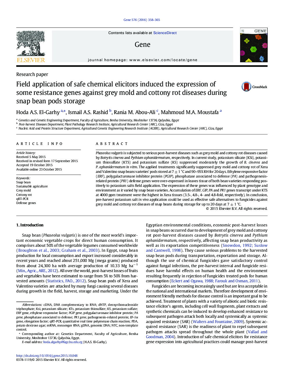 Field application of safe chemical elicitors induced the expression of some resistance genes against grey mold and cottony rot diseases during snap bean pods storage