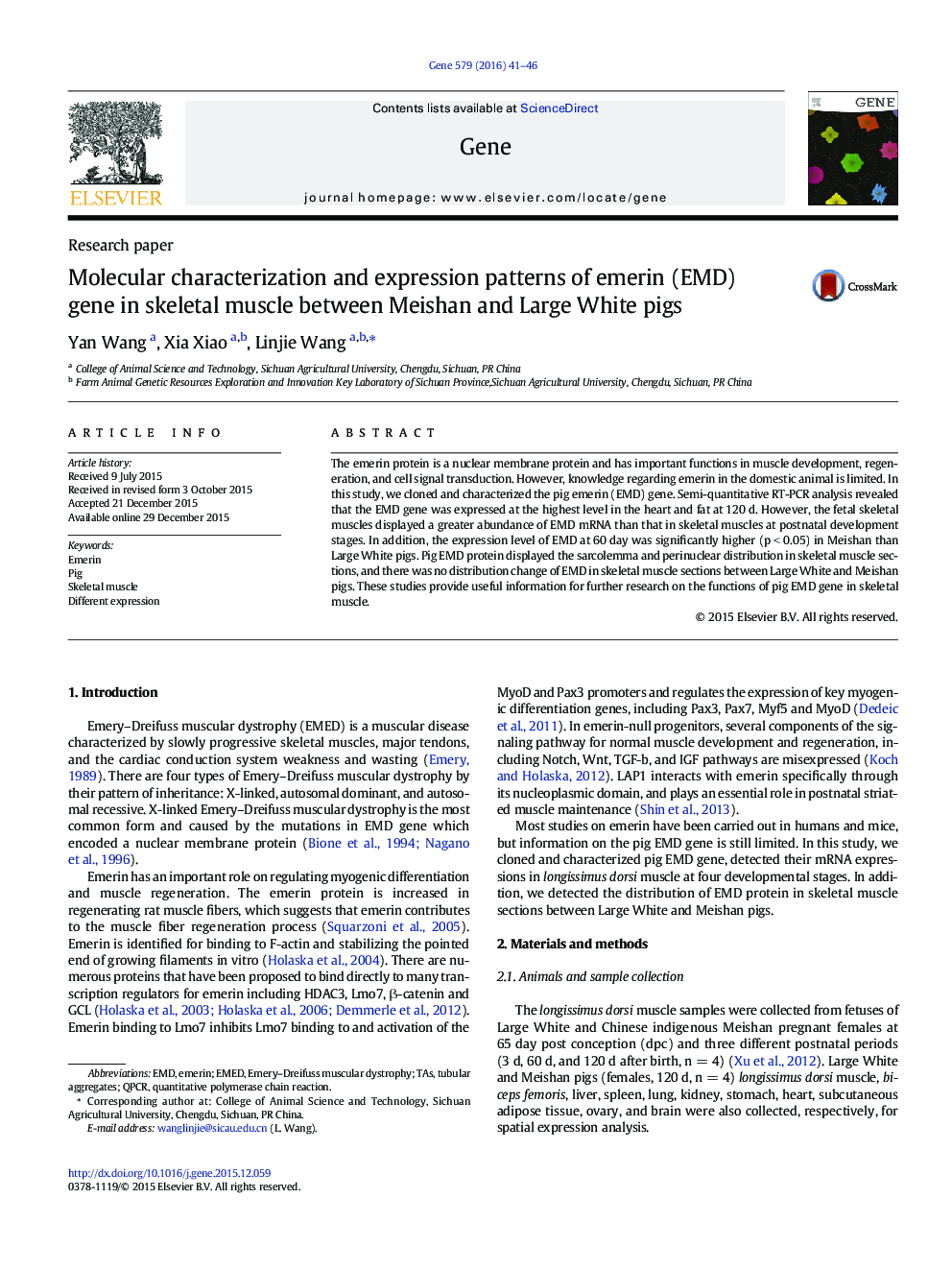 Molecular characterization and expression patterns of emerin (EMD) gene in skeletal muscle between Meishan and Large White pigs