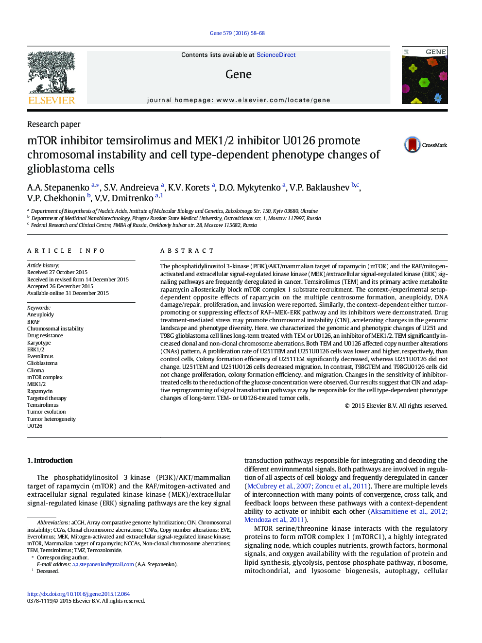 mTOR inhibitor temsirolimus and MEK1/2 inhibitor U0126 promote chromosomal instability and cell type-dependent phenotype changes of glioblastoma cells