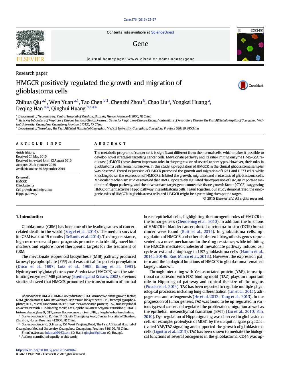 HMGCR positively regulated the growth and migration of glioblastoma cells