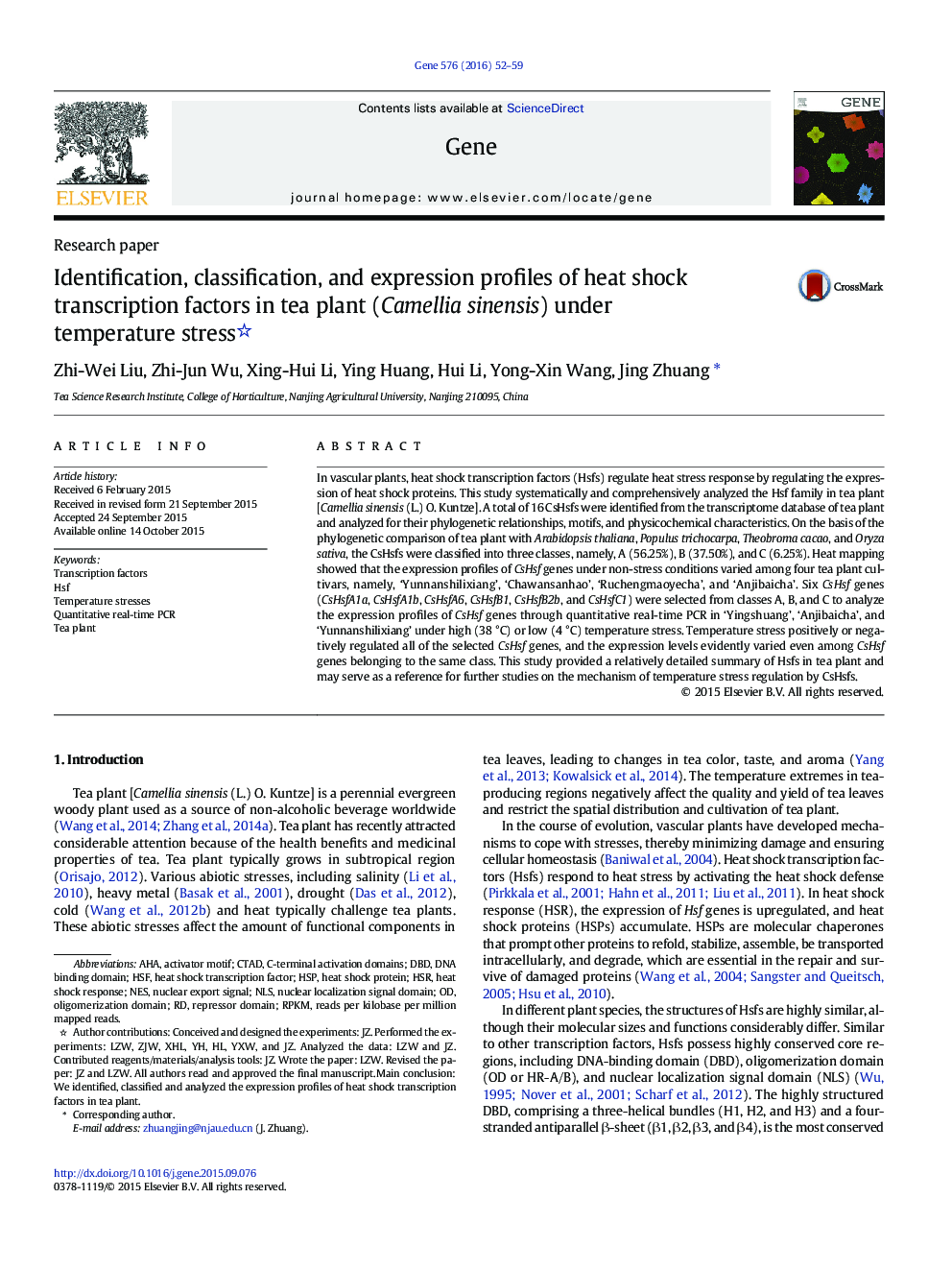 Identification, classification, and expression profiles of heat shock transcription factors in tea plant (Camellia sinensis) under temperature stress 