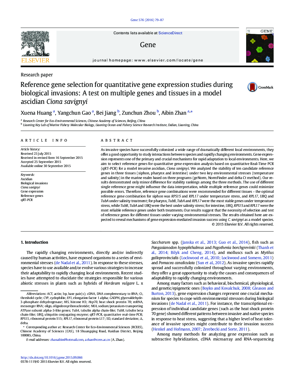 Reference gene selection for quantitative gene expression studies during biological invasions: A test on multiple genes and tissues in a model ascidian Ciona savignyi