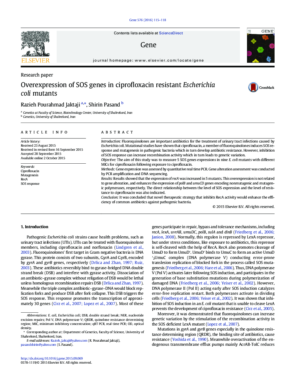 Overexpression of SOS genes in ciprofloxacin resistant Escherichia coli mutants