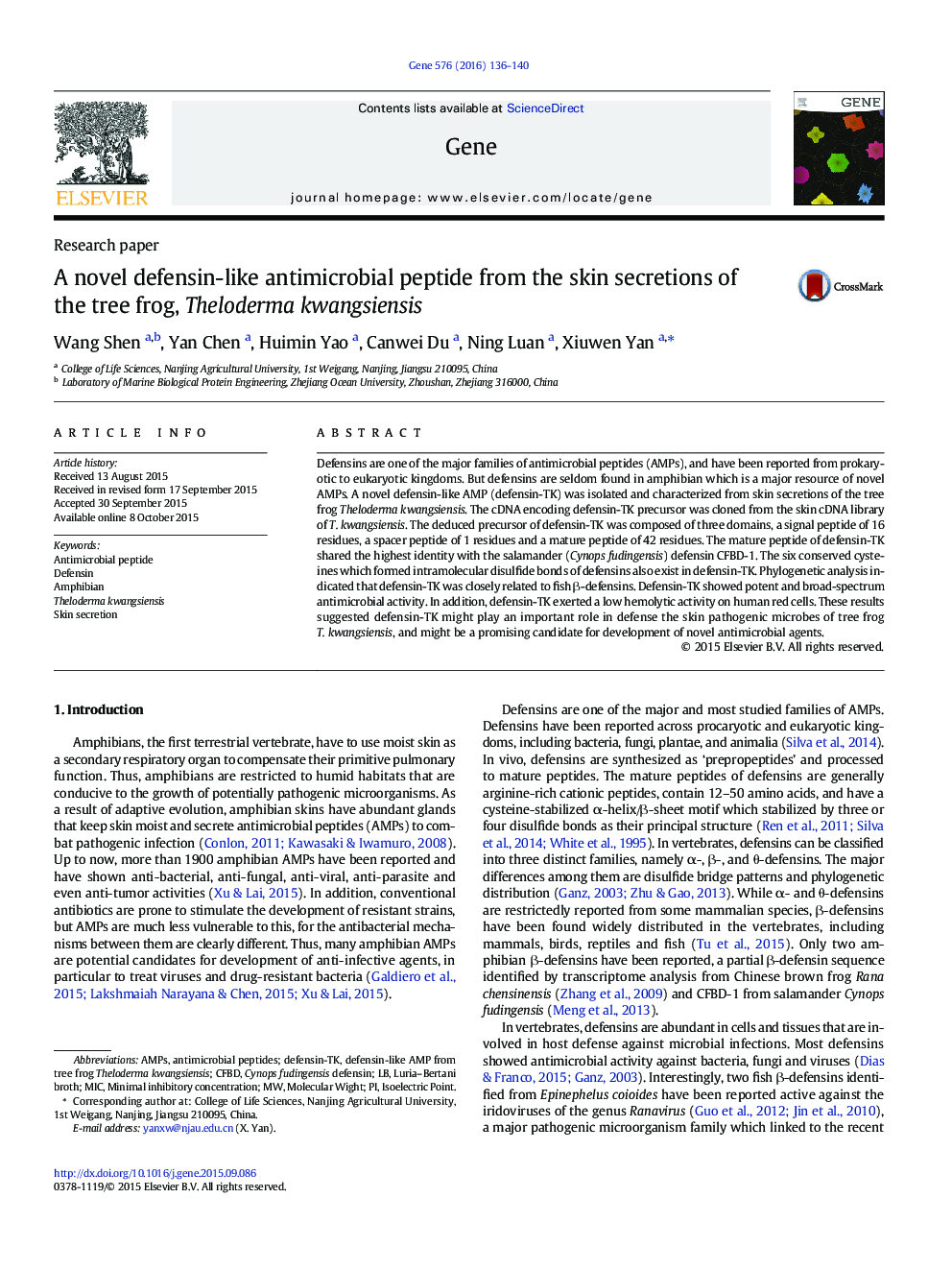 A novel defensin-like antimicrobial peptide from the skin secretions of the tree frog, Theloderma kwangsiensis