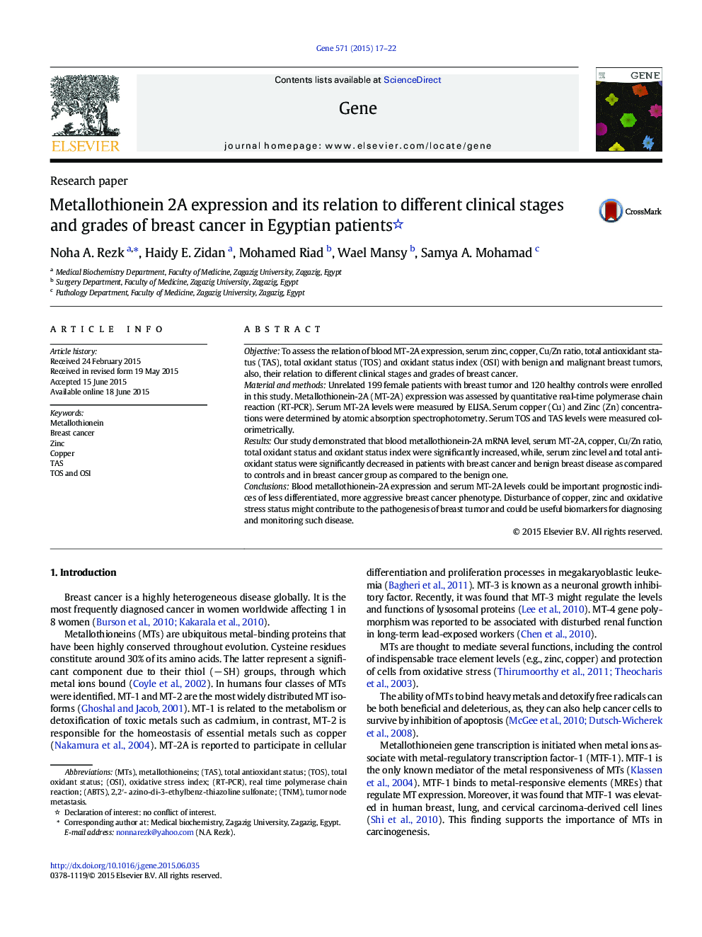 Metallothionein 2A expression and its relation to different clinical stages and grades of breast cancer in Egyptian patients 