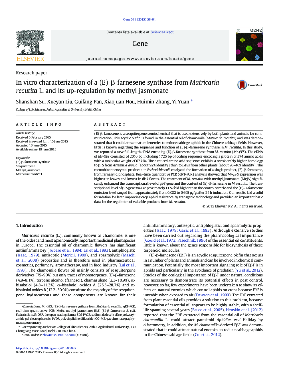 In vitro characterization of a (E)-β-farnesene synthase from Matricaria recutita L. and its up-regulation by methyl jasmonate