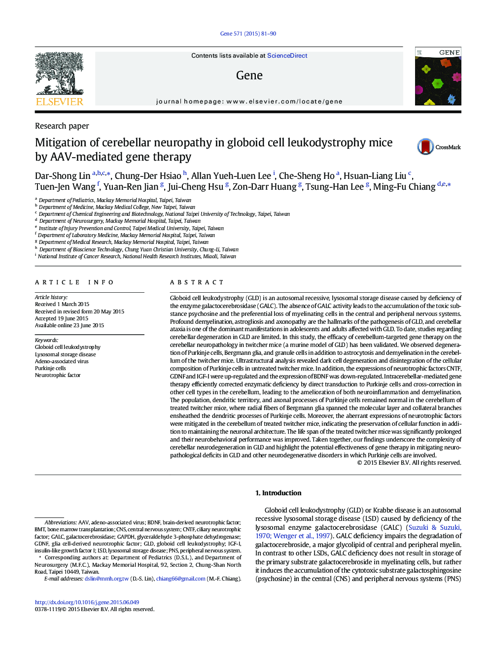Mitigation of cerebellar neuropathy in globoid cell leukodystrophy mice by AAV-mediated gene therapy