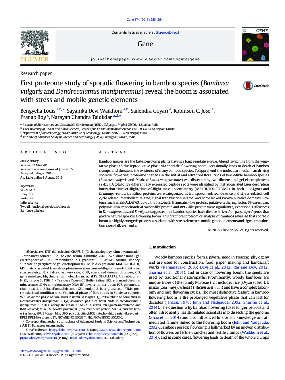 First proteome study of sporadic flowering in bamboo species (Bambusa vulgaris and Dendrocalamus manipureanus) reveal the boom is associated with stress and mobile genetic elements