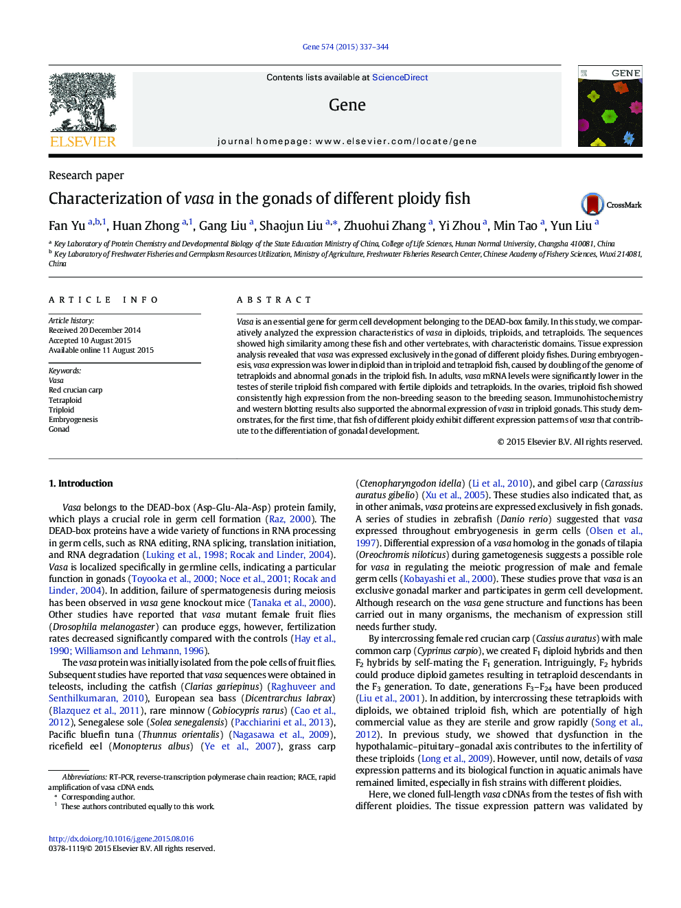 Characterization of vasa in the gonads of different ploidy fish