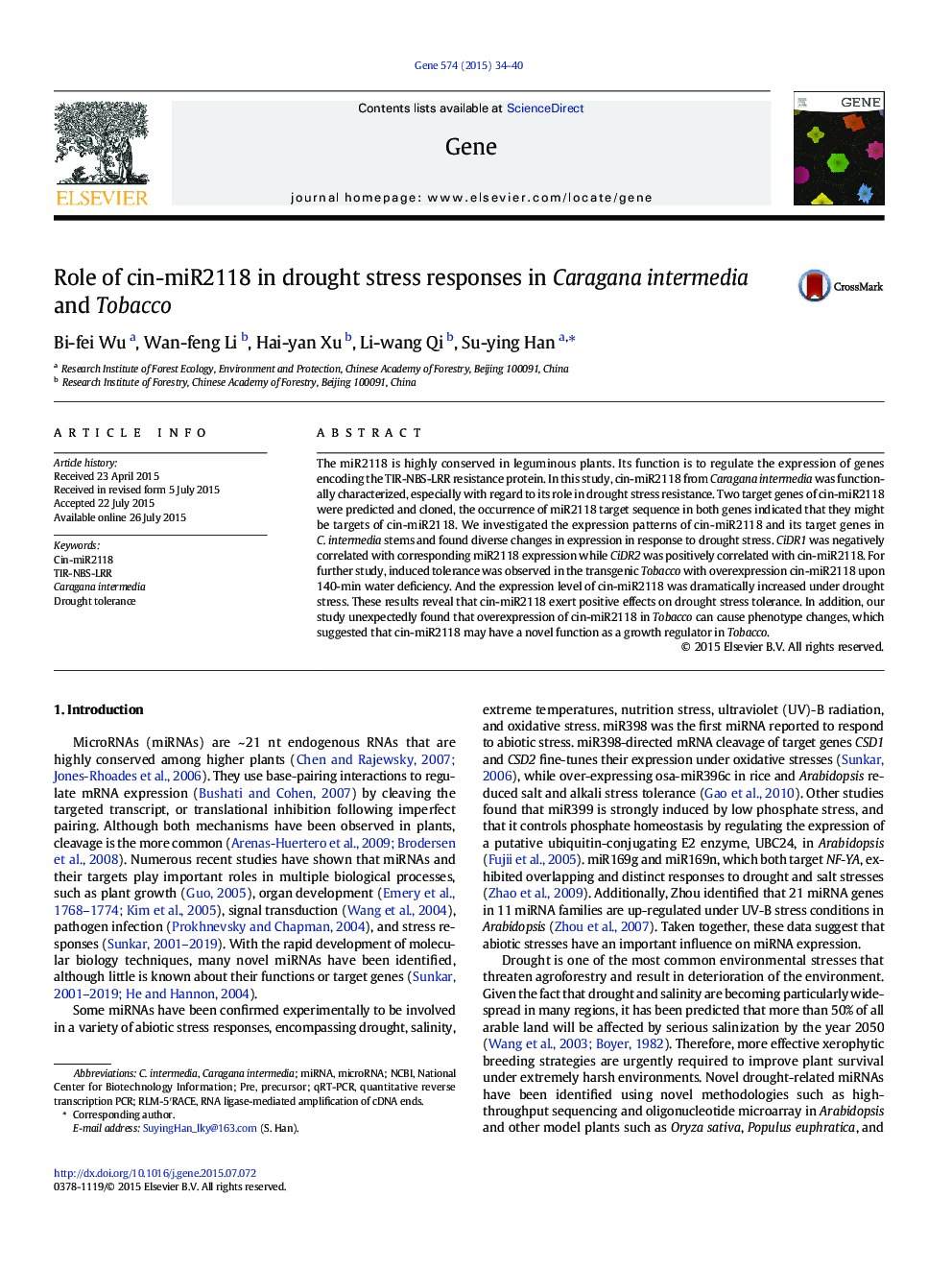 Role of cin-miR2118 in drought stress responses in Caragana intermedia and Tobacco