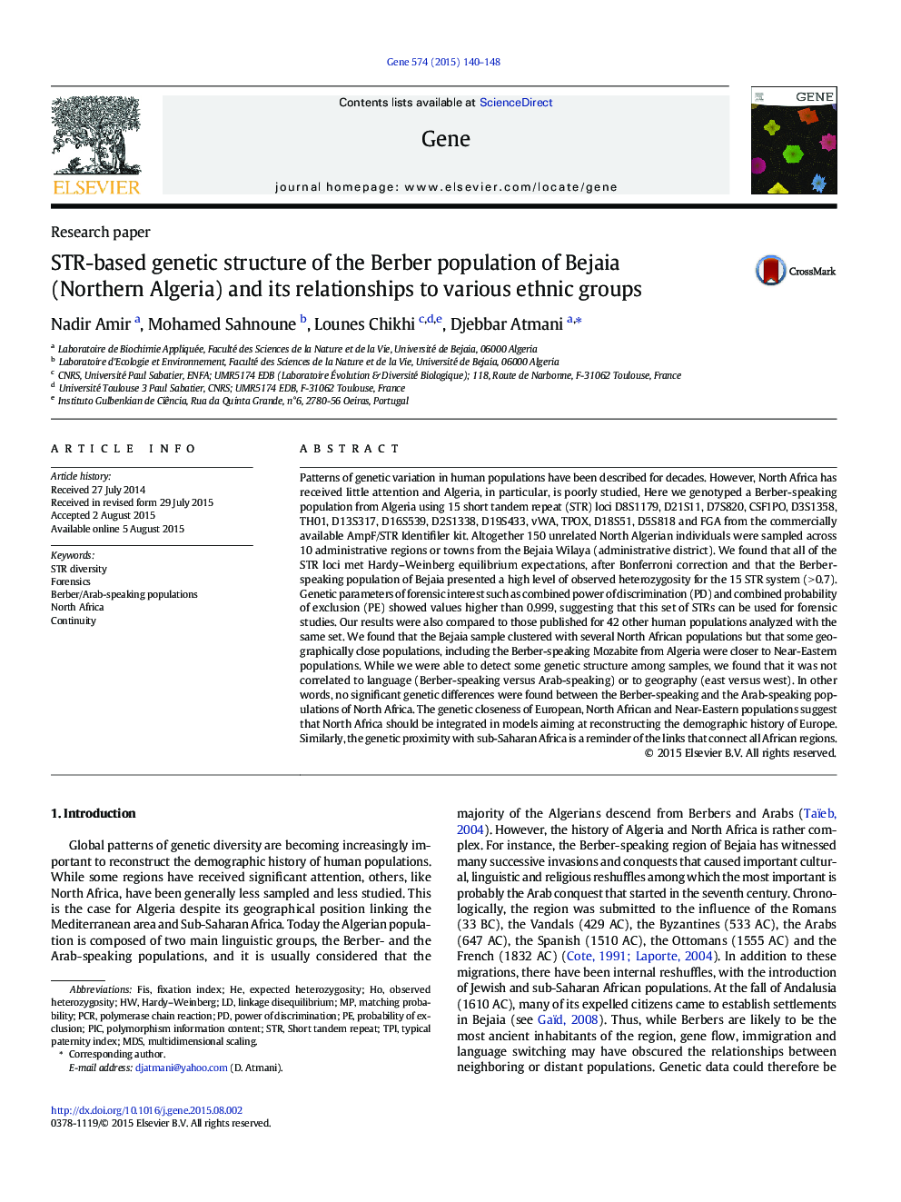 STR-based genetic structure of the Berber population of Bejaia (Northern Algeria) and its relationships to various ethnic groups