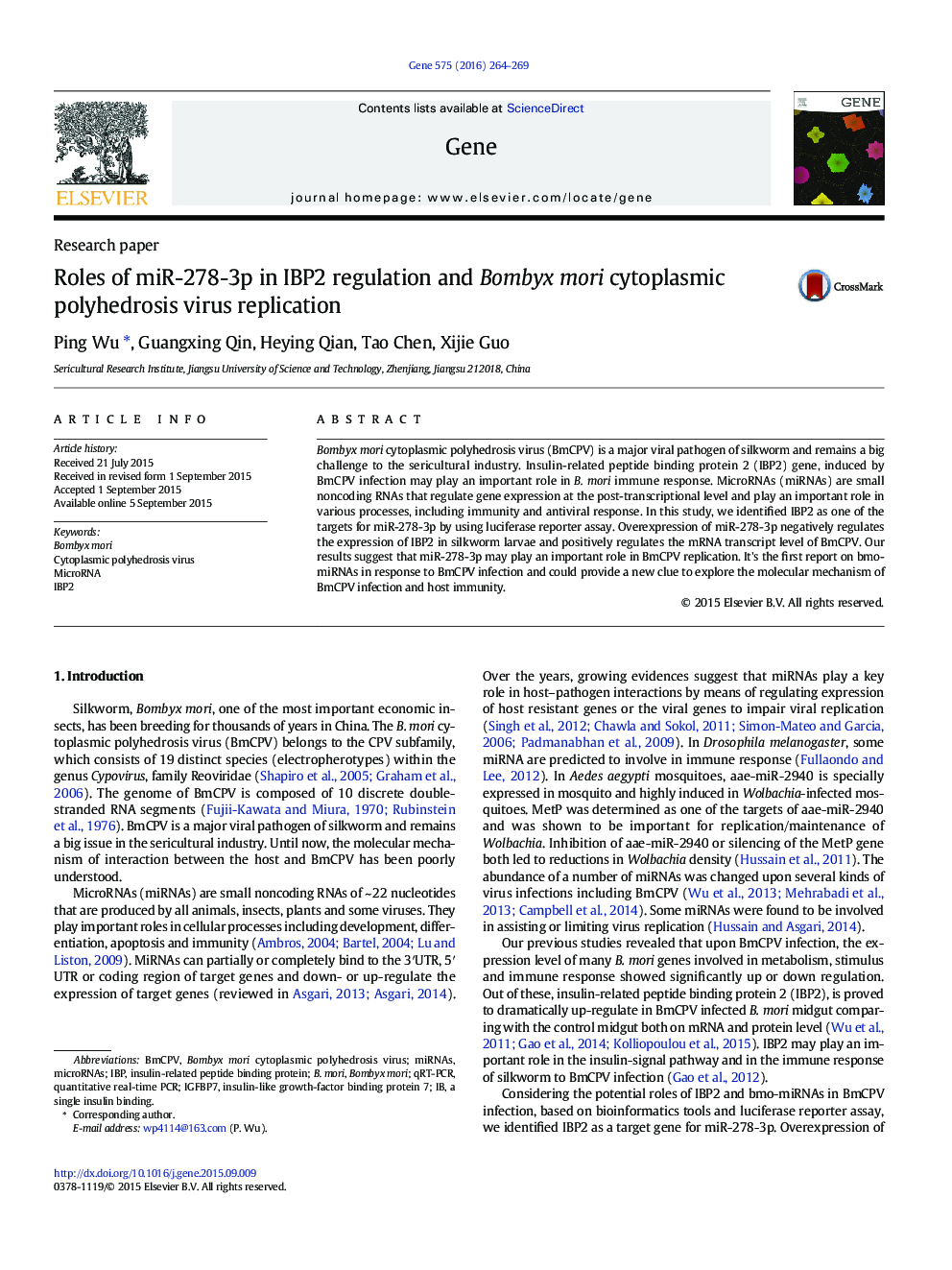 Roles of miR-278-3p in IBP2 regulation and Bombyx mori cytoplasmic polyhedrosis virus replication