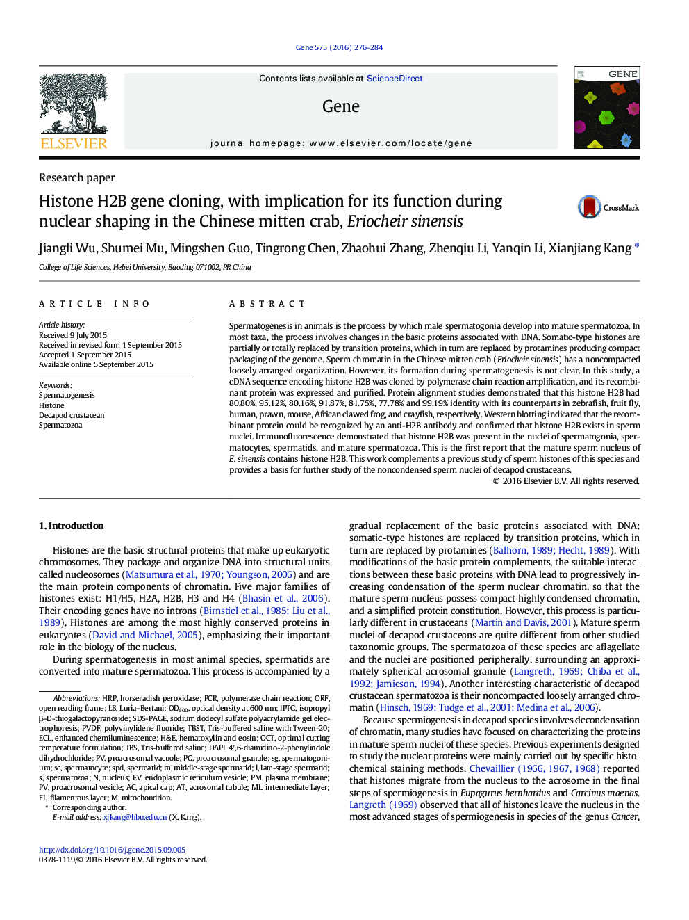 Histone H2B gene cloning, with implication for its function during nuclear shaping in the Chinese mitten crab, Eriocheir sinensis