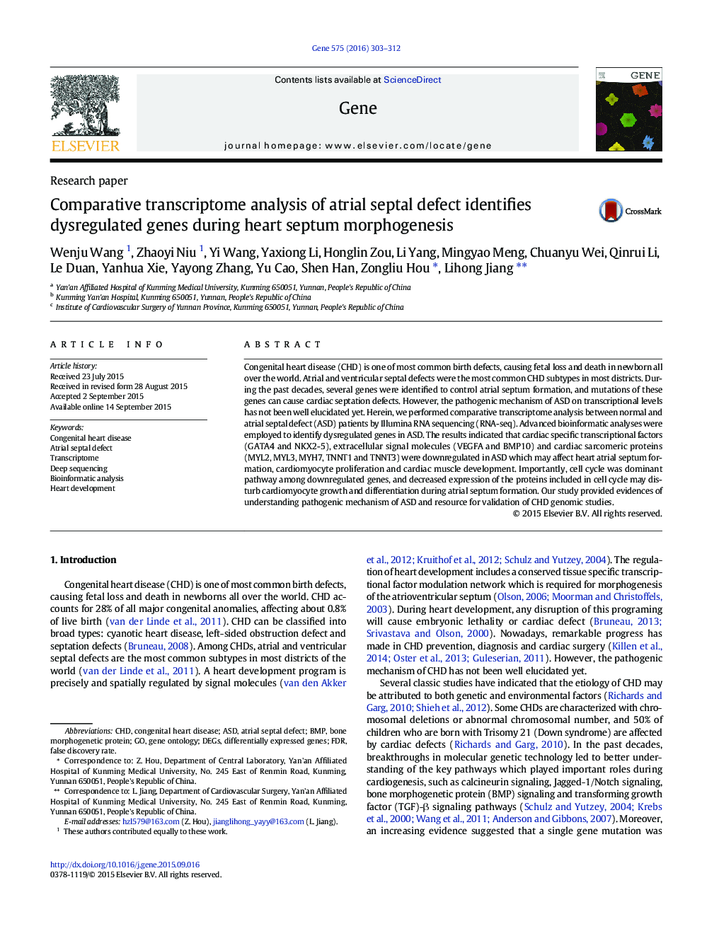 Comparative transcriptome analysis of atrial septal defect identifies dysregulated genes during heart septum morphogenesis