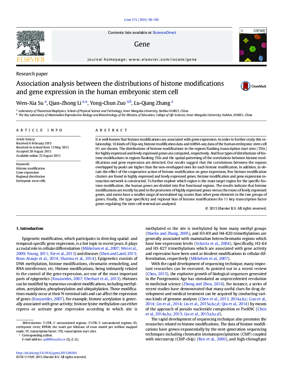 Association analysis between the distributions of histone modifications and gene expression in the human embryonic stem cell