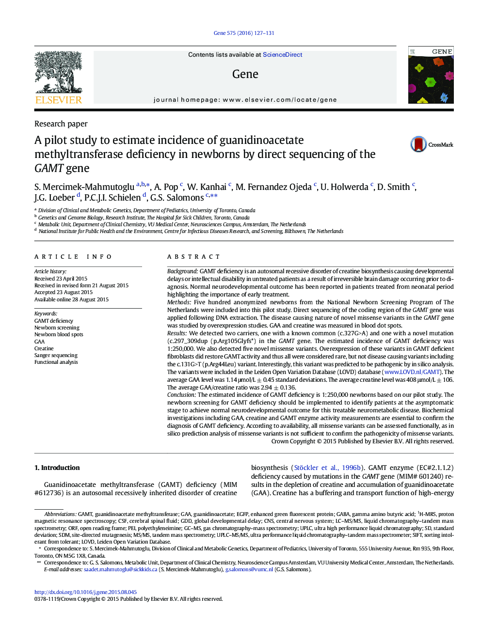 A pilot study to estimate incidence of guanidinoacetate methyltransferase deficiency in newborns by direct sequencing of the GAMT gene