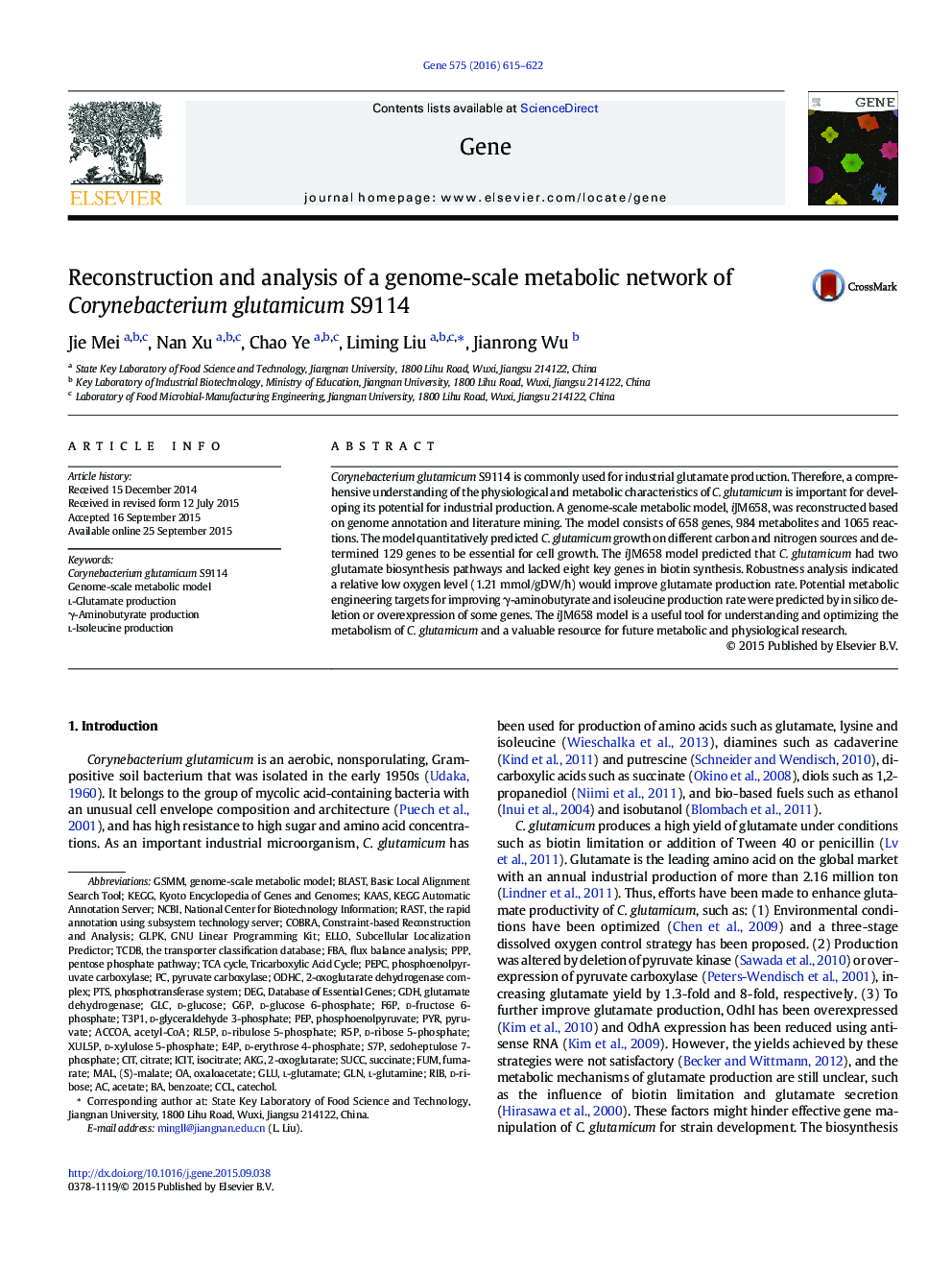 Reconstruction and analysis of a genome-scale metabolic network of Corynebacterium glutamicum S9114