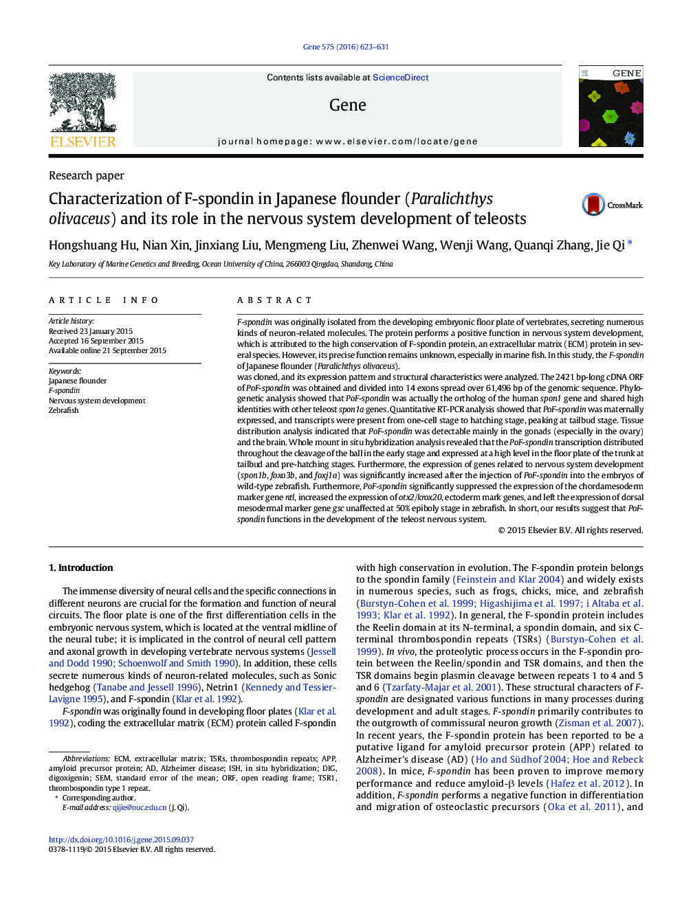 Characterization of F-spondin in Japanese flounder (Paralichthys olivaceus) and its role in the nervous system development of teleosts