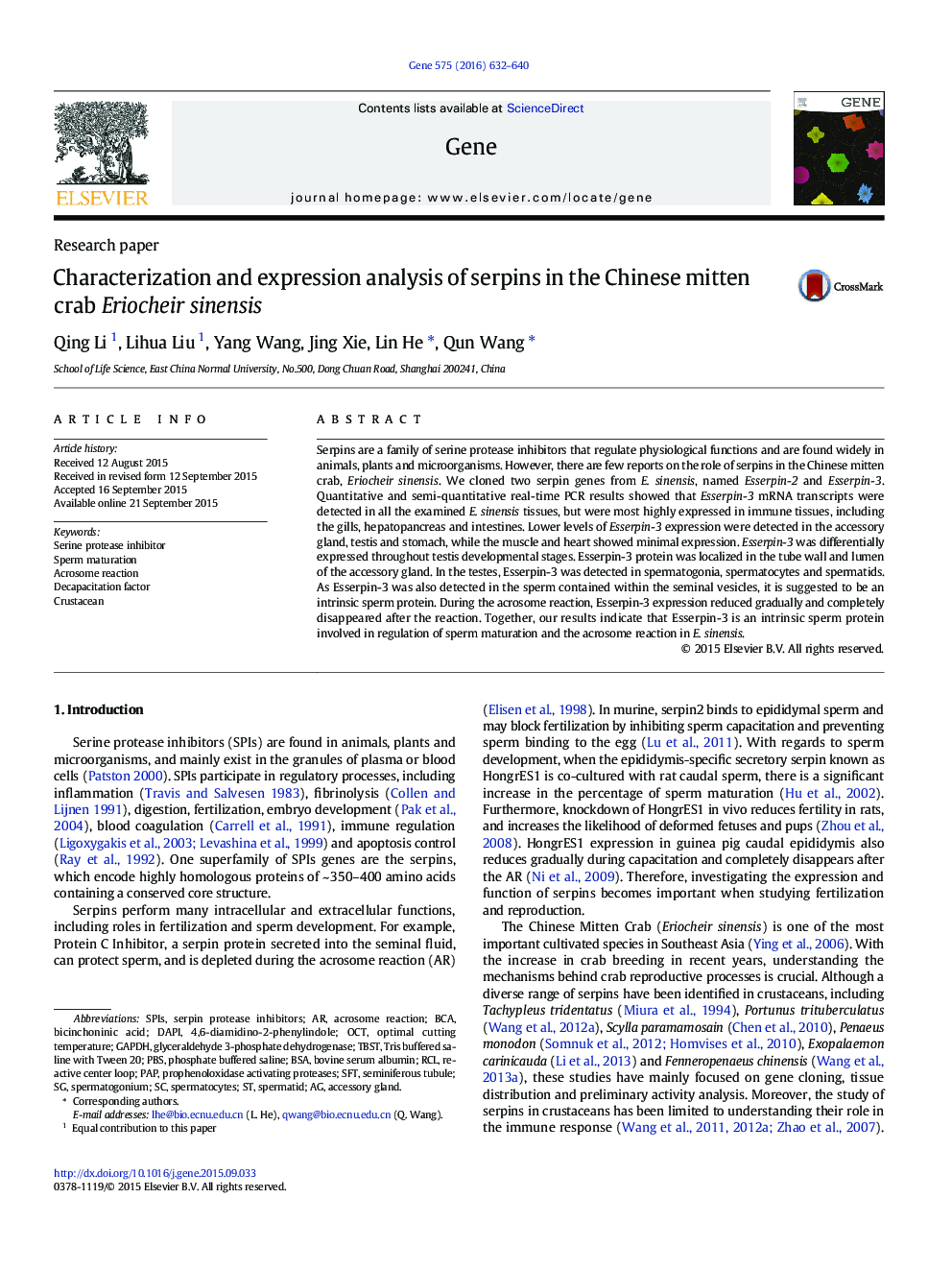 Characterization and expression analysis of serpins in the Chinese mitten crab Eriocheir sinensis