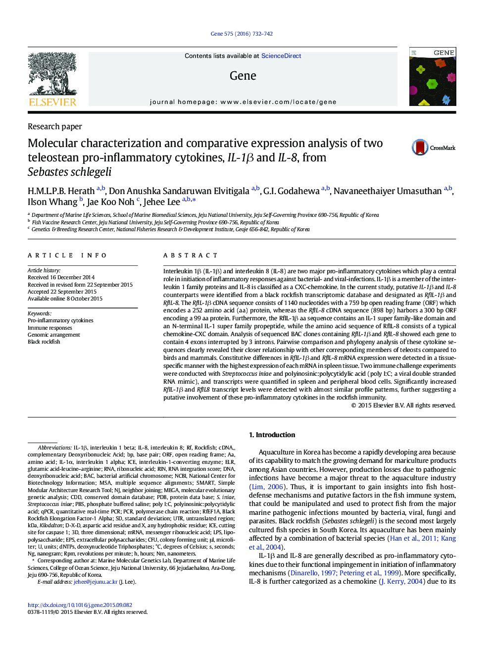 Molecular characterization and comparative expression analysis of two teleostean pro-inflammatory cytokines, IL-1β and IL-8, from Sebastes schlegeli