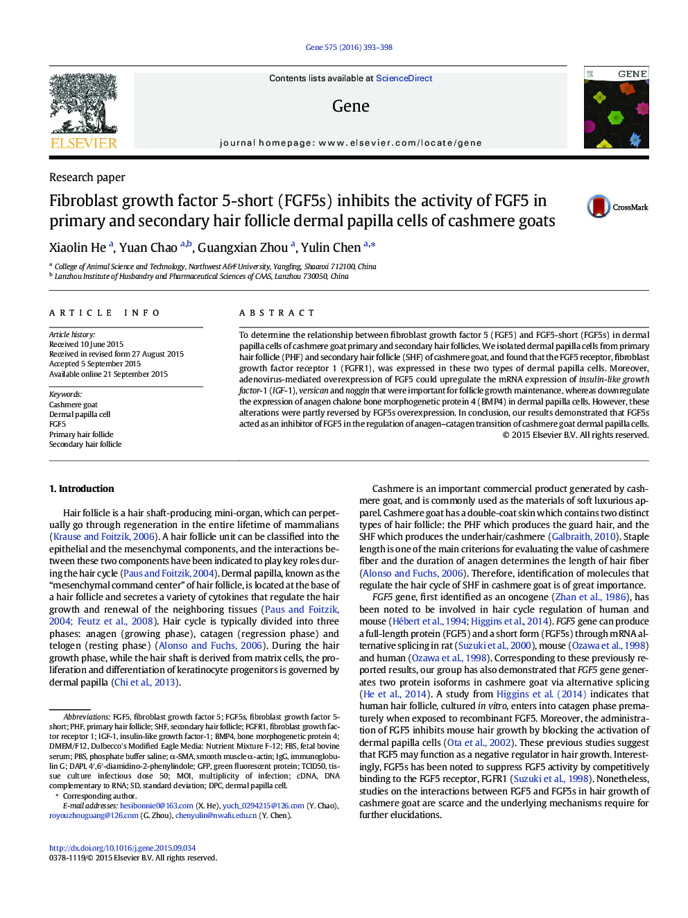 Fibroblast growth factor 5-short (FGF5s) inhibits the activity of FGF5 in primary and secondary hair follicle dermal papilla cells of cashmere goats