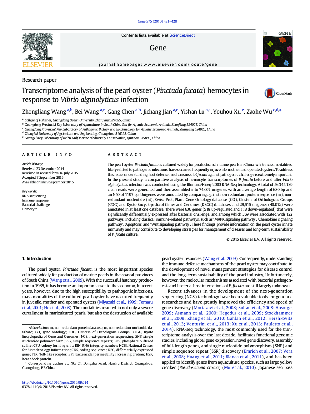 Transcriptome analysis of the pearl oyster (Pinctada fucata) hemocytes in response to Vibrio alginolyticus infection