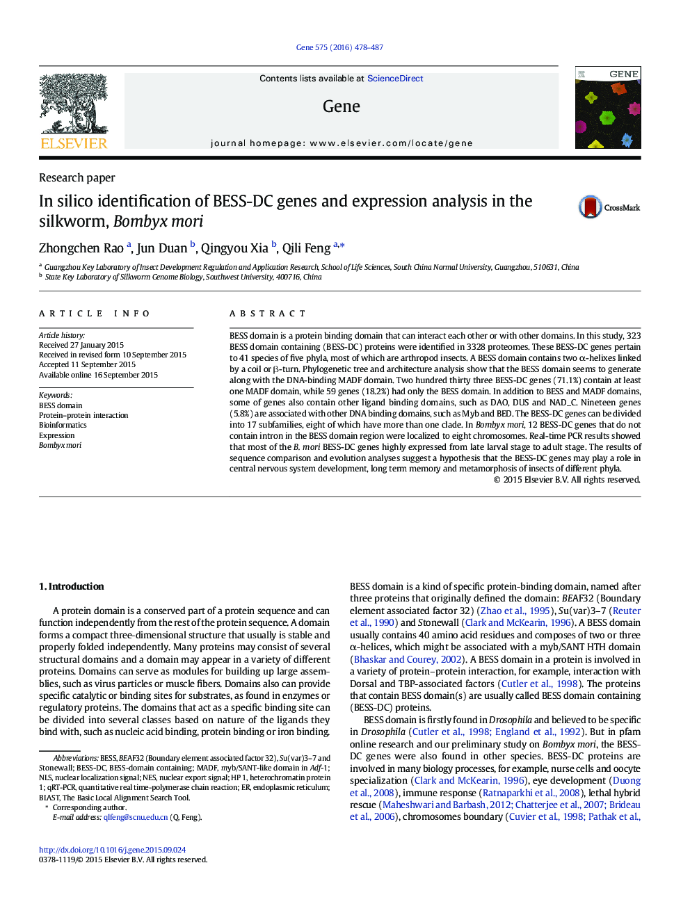 In silico identification of BESS-DC genes and expression analysis in the silkworm, Bombyx mori