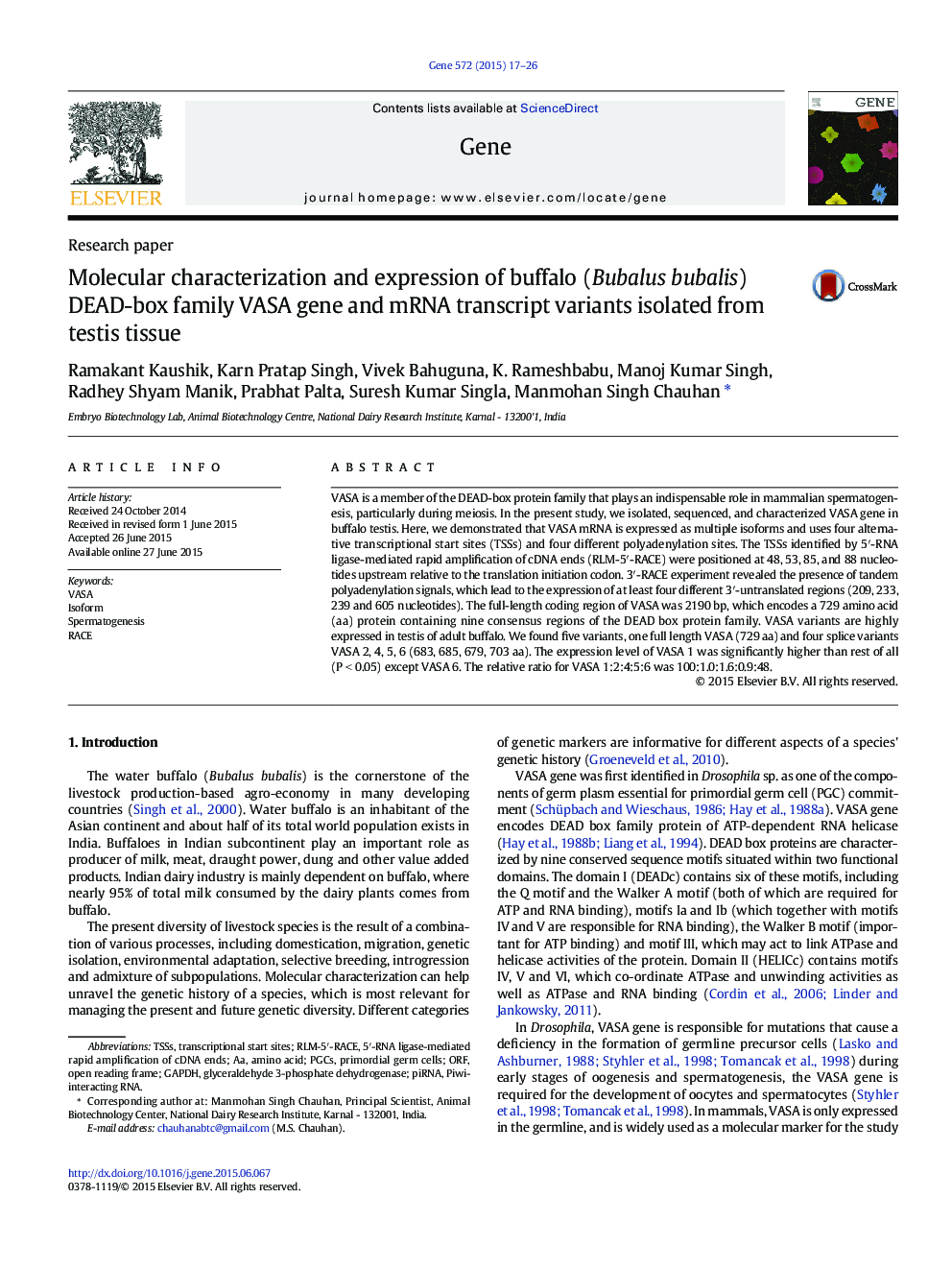 Molecular characterization and expression of buffalo (Bubalus bubalis) DEAD-box family VASA gene and mRNA transcript variants isolated from testis tissue