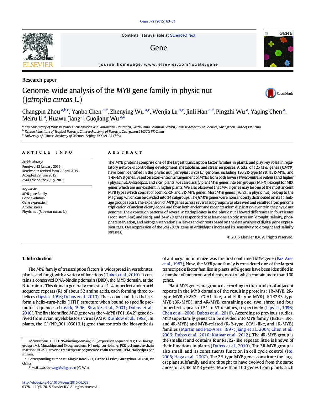 Genome-wide analysis of the MYB gene family in physic nut (Jatropha curcas L.)