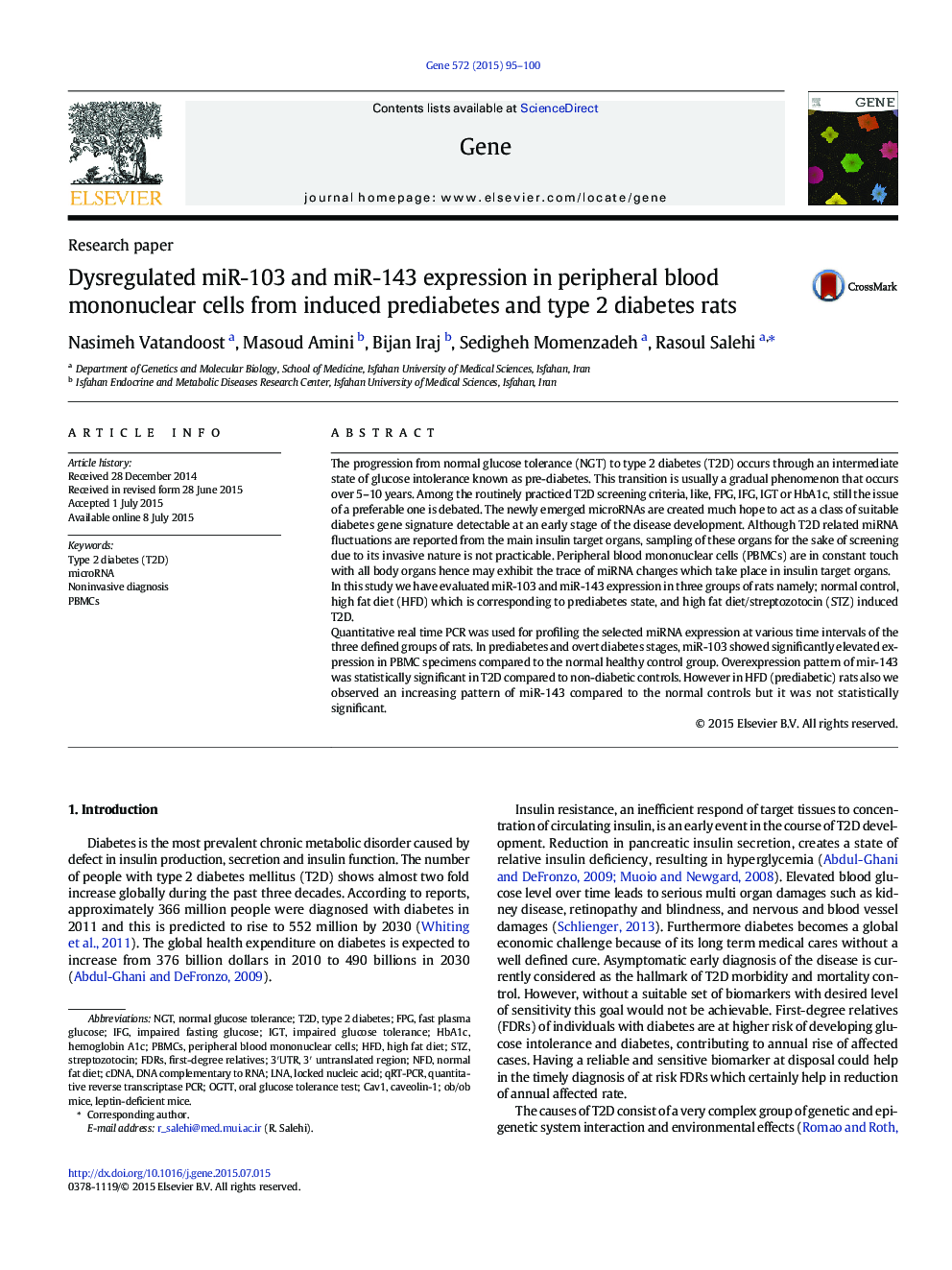 Dysregulated miR-103 and miR-143 expression in peripheral blood mononuclear cells from induced prediabetes and type 2 diabetes rats