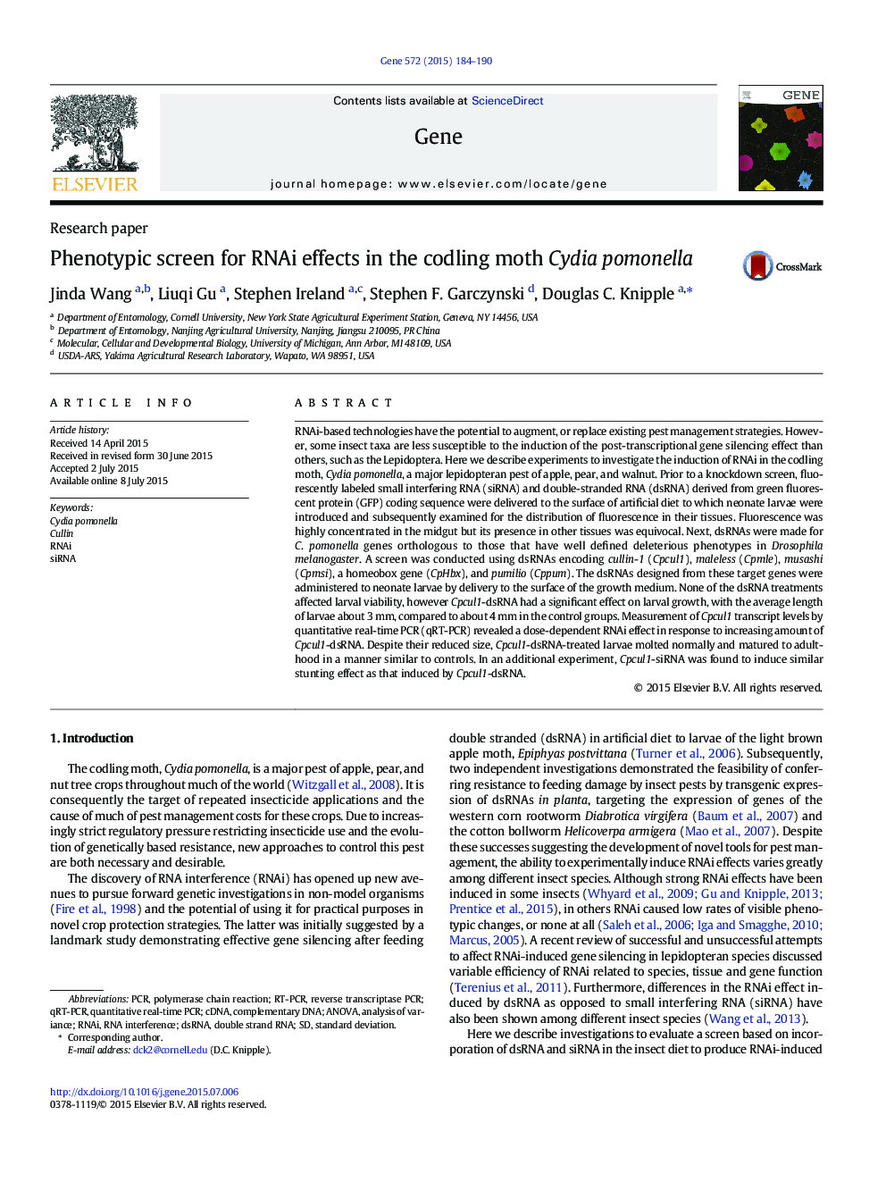 Phenotypic screen for RNAi effects in the codling moth Cydia pomonella