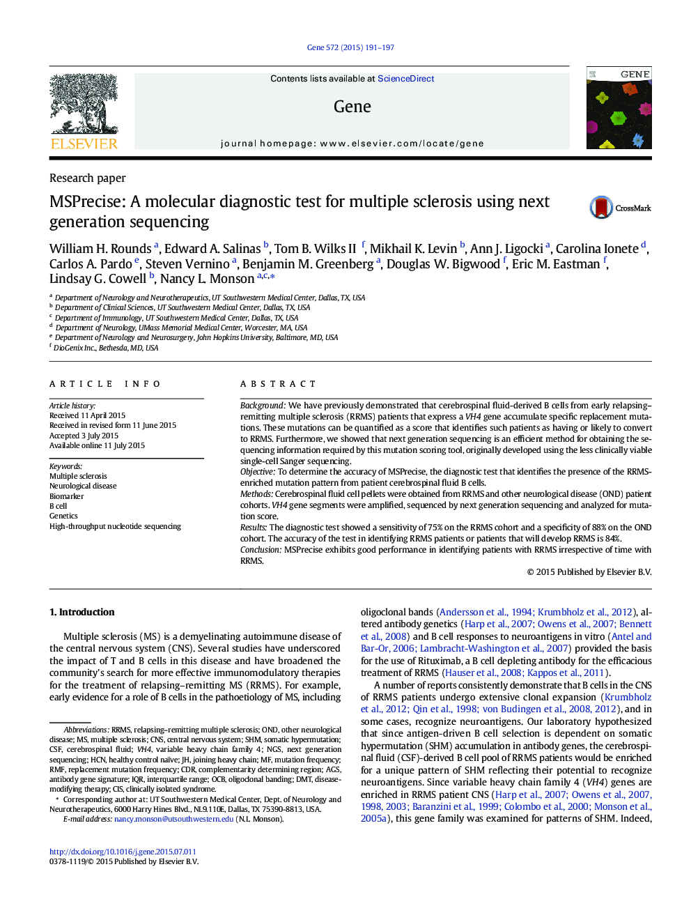 MSPrecise: A molecular diagnostic test for multiple sclerosis using next generation sequencing