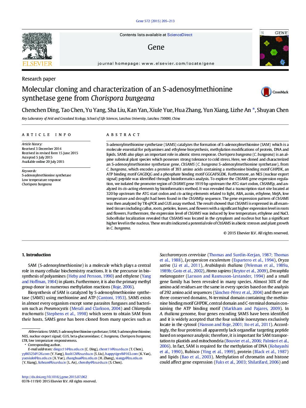 Molecular cloning and characterization of an S-adenosylmethionine synthetase gene from Chorispora bungeana