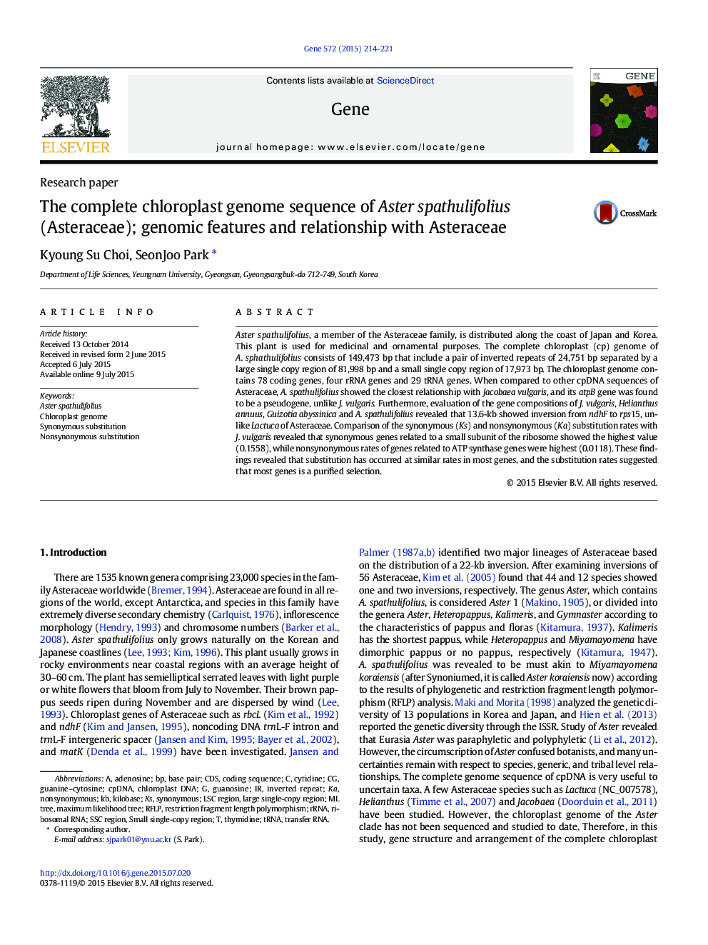 The complete chloroplast genome sequence of Aster spathulifolius (Asteraceae); genomic features and relationship with Asteraceae