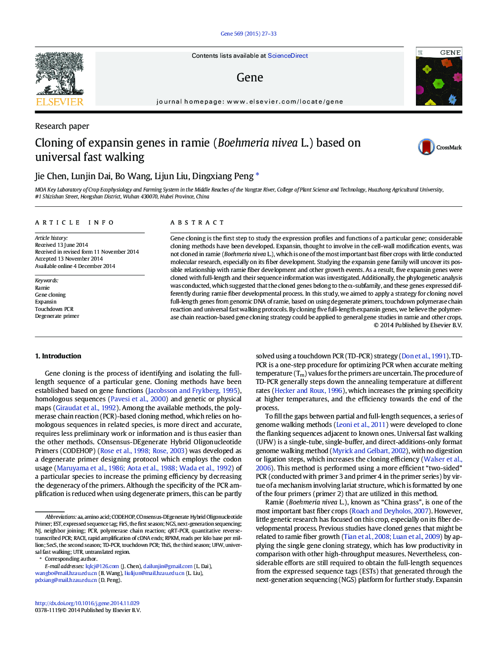 Cloning of expansin genes in ramie (Boehmeria nivea L.) based on universal fast walking