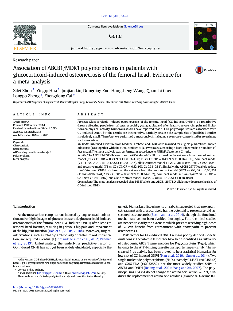 Association of ABCB1/MDR1 polymorphisms in patients with glucocorticoid-induced osteonecrosis of the femoral head: Evidence for a meta-analysis