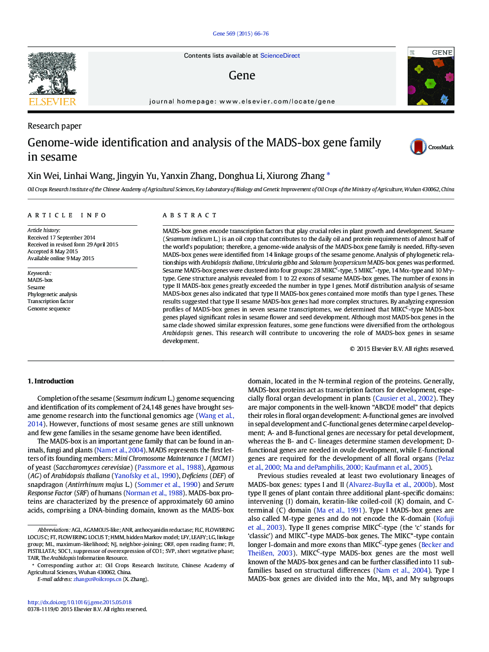 Genome-wide identification and analysis of the MADS-box gene family in sesame