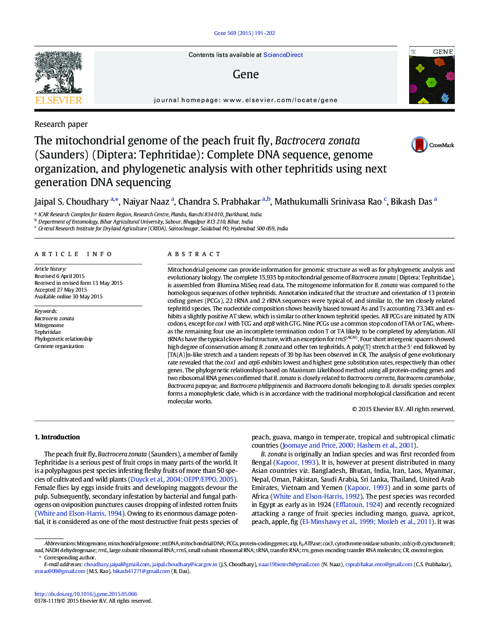 The mitochondrial genome of the peach fruit fly, Bactrocera zonata (Saunders) (Diptera: Tephritidae): Complete DNA sequence, genome organization, and phylogenetic analysis with other tephritids using next generation DNA sequencing