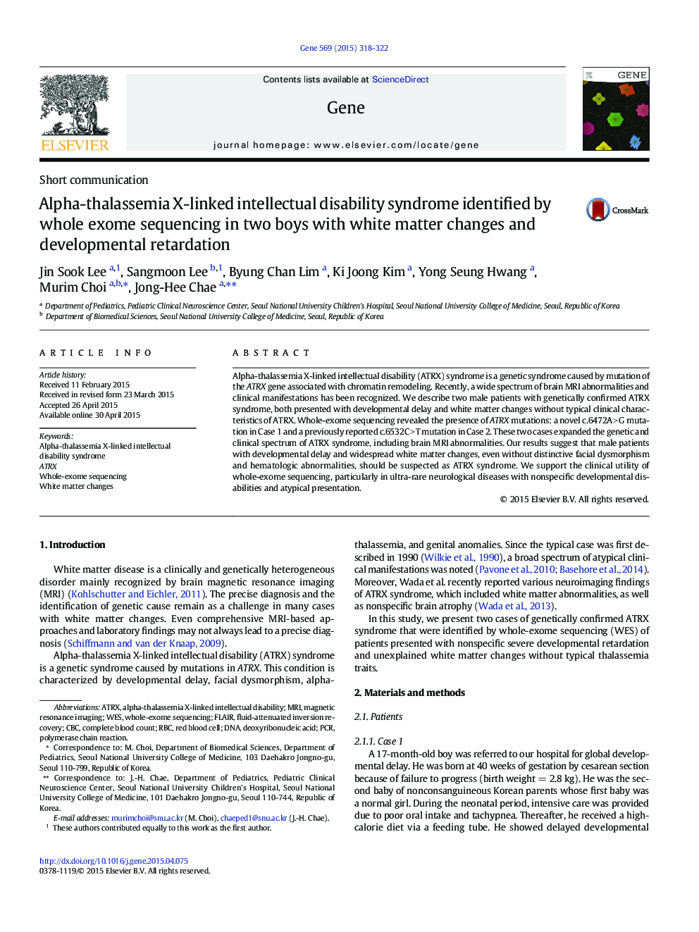 Alpha-thalassemia X-linked intellectual disability syndrome identified by whole exome sequencing in two boys with white matter changes and developmental retardation