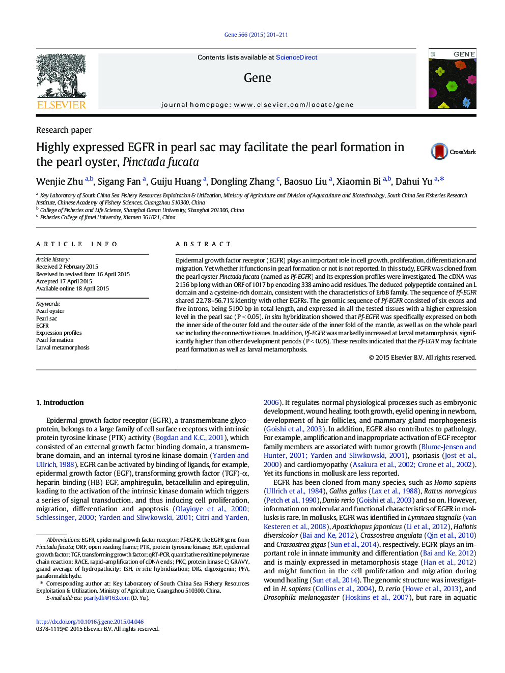 Highly expressed EGFR in pearl sac may facilitate the pearl formation in the pearl oyster, Pinctada fucata