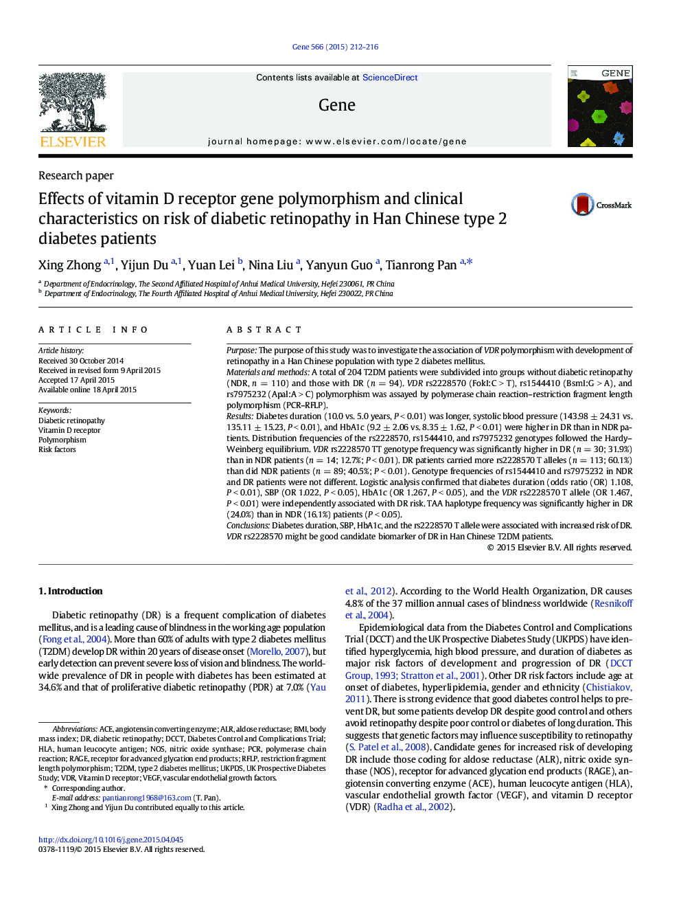 Effects of vitamin D receptor gene polymorphism and clinical characteristics on risk of diabetic retinopathy in Han Chinese type 2 diabetes patients