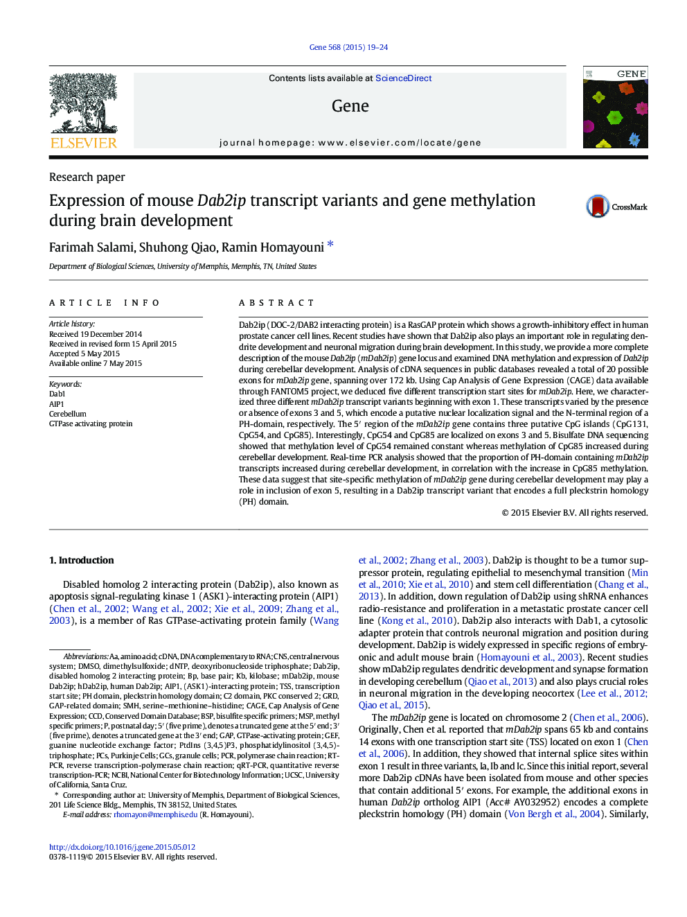 Expression of mouse Dab2ip transcript variants and gene methylation during brain development