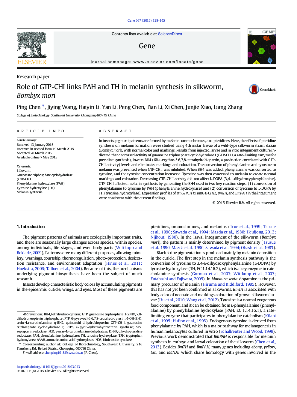 Role of GTP-CHI links PAH and TH in melanin synthesis in silkworm, Bombyx mori