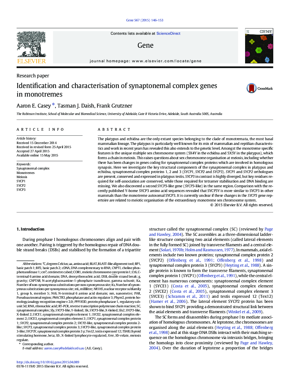 Identification and characterisation of synaptonemal complex genes in monotremes