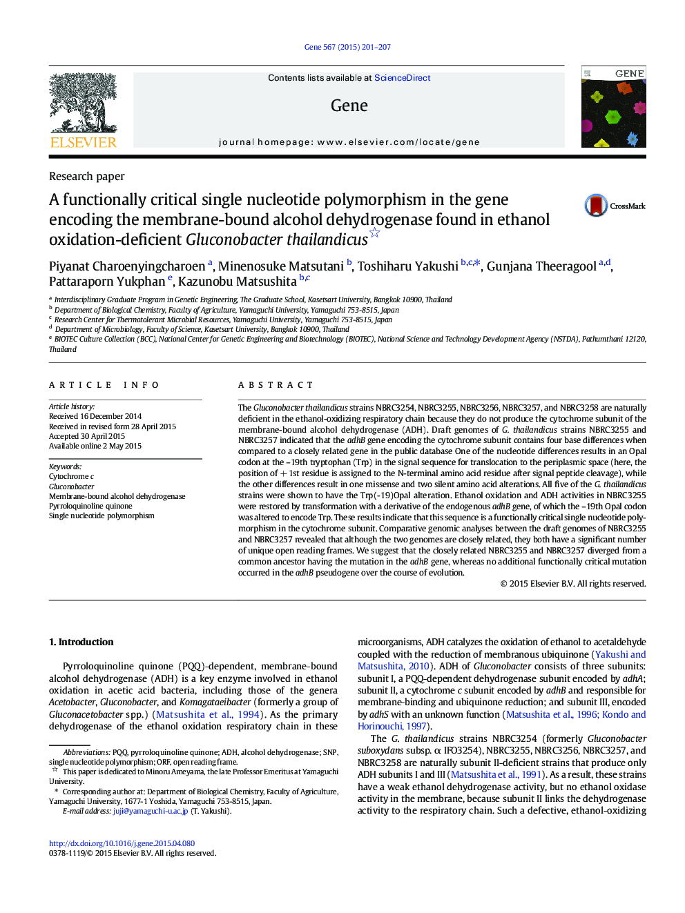 A functionally critical single nucleotide polymorphism in the gene encoding the membrane-bound alcohol dehydrogenase found in ethanol oxidation-deficient Gluconobacter thailandicus 