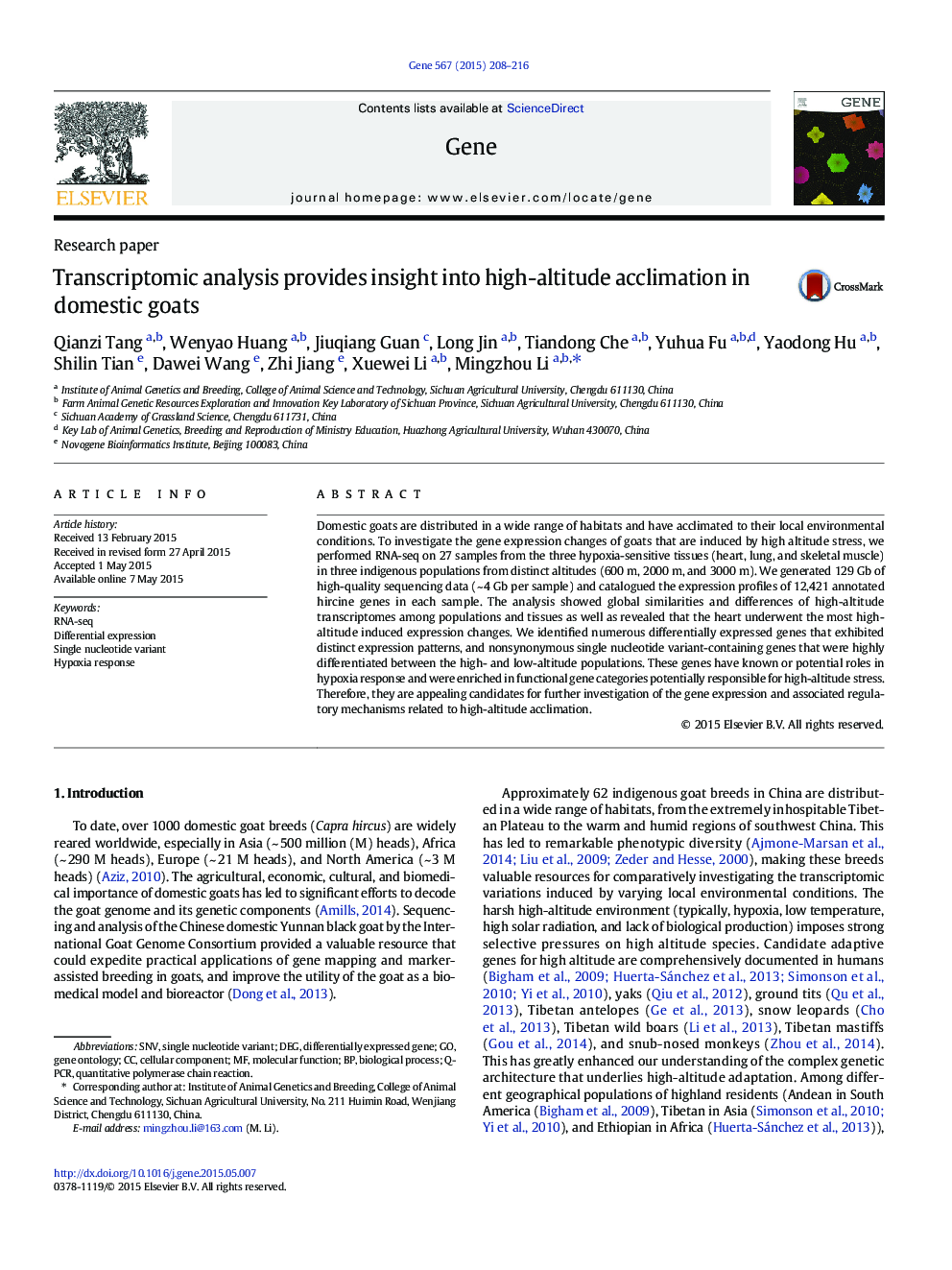 Transcriptomic analysis provides insight into high-altitude acclimation in domestic goats